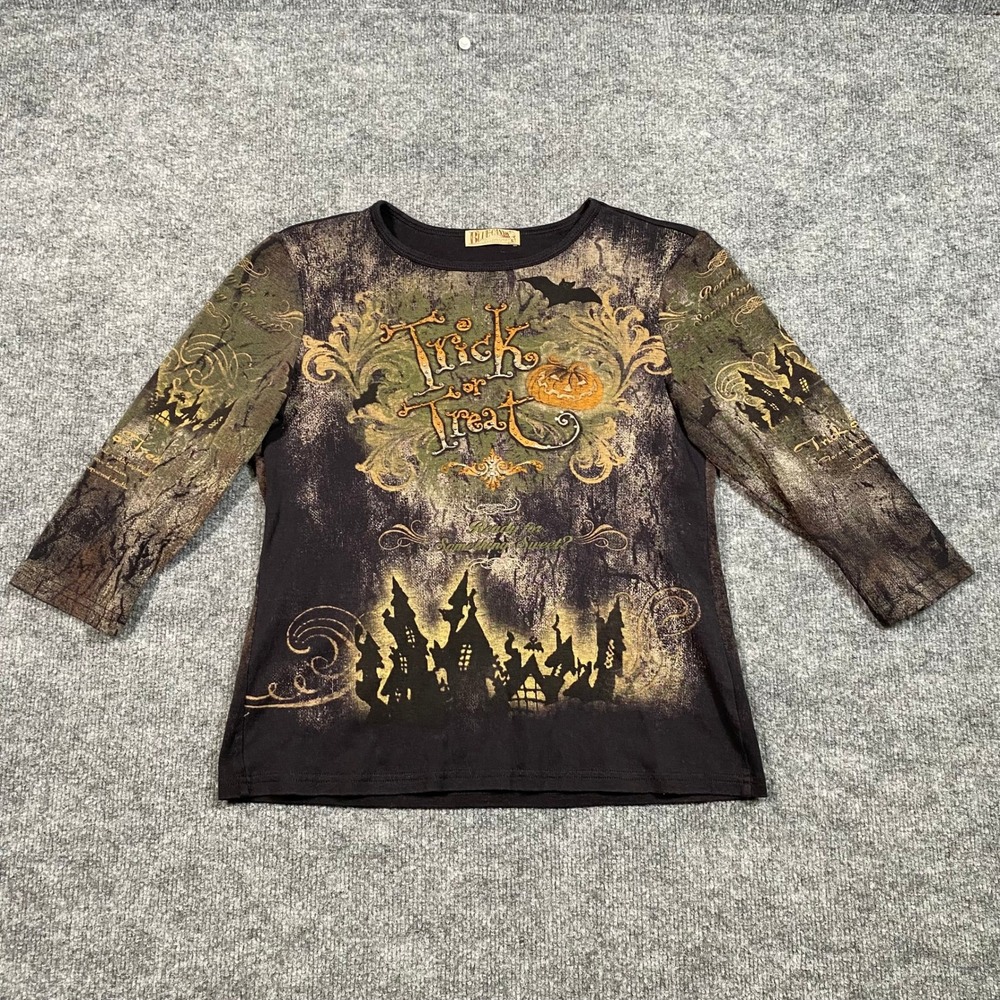 Blue Canyon Clothing Womens Halloween Trick or Treat Graphic Top Spooky Black S